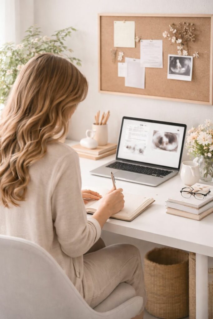 Espace de travail de la fondatrice dédié à la création de contenus éducatifs autour de la grossesse et du nourrisson.